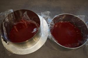 6) 250g Erdbeeren, Agar-agar und Zucker aufkochen, umfüllen, erkalten lassen