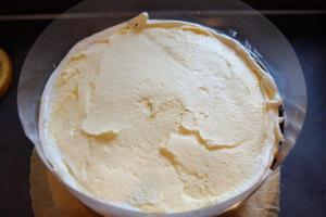 19) Boden mit Milch tränken, Rand aus Buttercreme machen und die Vanille-Creme darauf geben