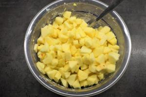 4) Äpfel waschen, schälen und klein schneiden, mit dem Saft einer Zitrone vermengen. Vanille-Pudding, ...