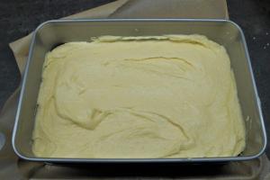 6) Zuerst den Vanille-Teig in die Form geben und glatt streichen