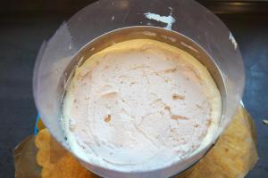 16) Mit Milch tränken, einen Rand aus Buttercreme spritzen, Vanille-Creme verteilen